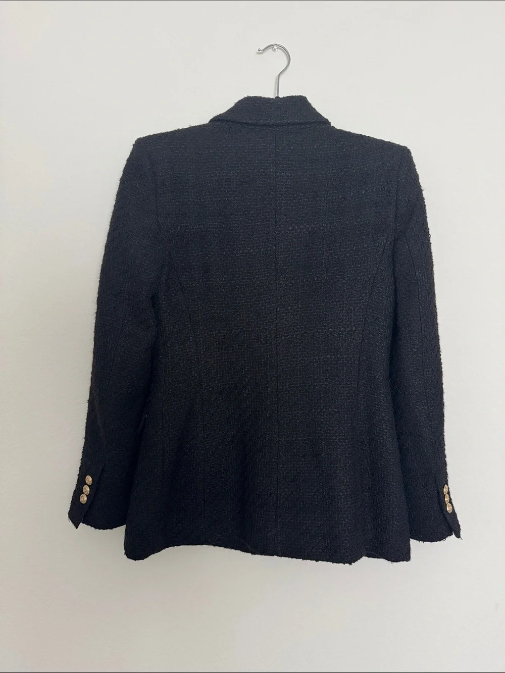 ZARA Tweed Textured Weave Double Breasted Blazer Black Gold Buttons Size Small